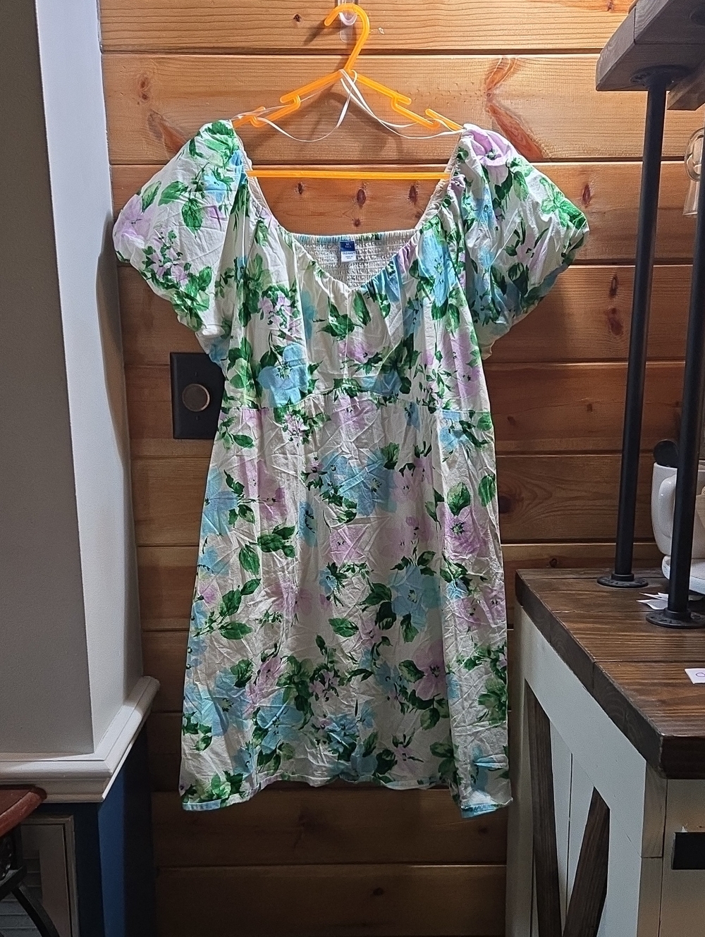 Old Navy White Floral Puff-Sleeve Boho Midi Whimagoth Cotton Dress XL Tall 0637
